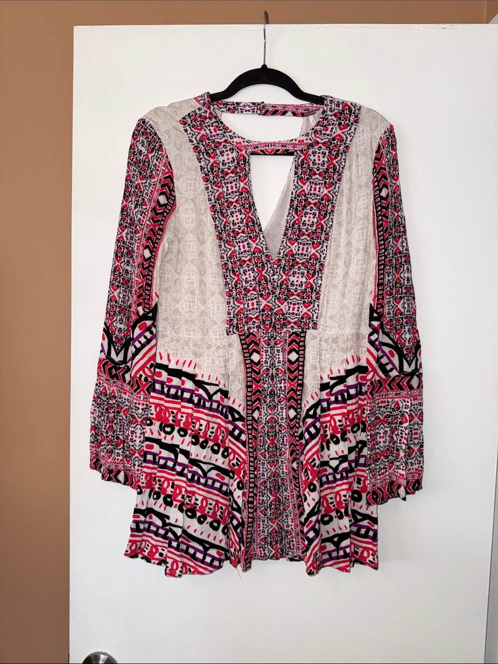 Free People Boho Printed Mini Dress in Pink, Black & White